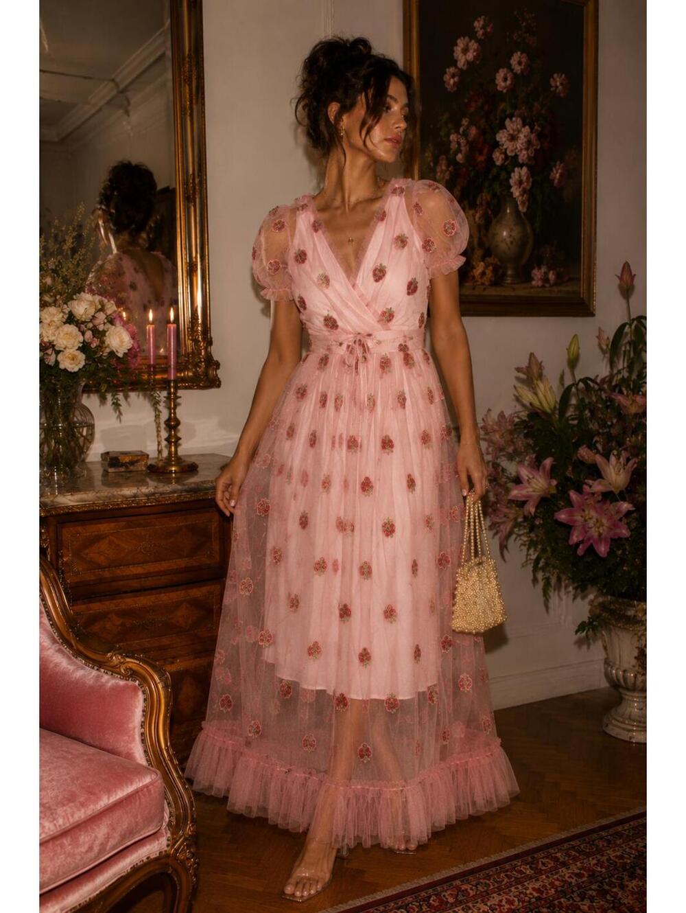 Iconic Strawberry Tulle Puff Sleeve Dress S Pink